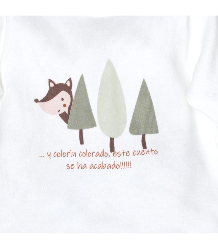 Detalle del conjunto bebé terracota algodón polaina punto canalé sudadera ilustración infantil estilo minimalista