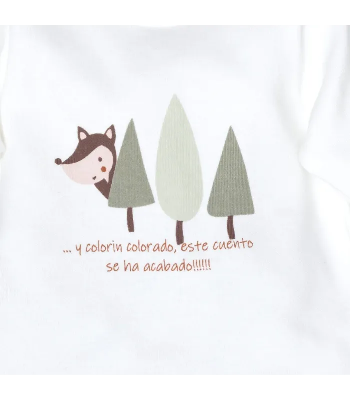 Detalle del conjunto bebé terracota algodón polaina punto canalé sudadera ilustración infantil estilo minimalista