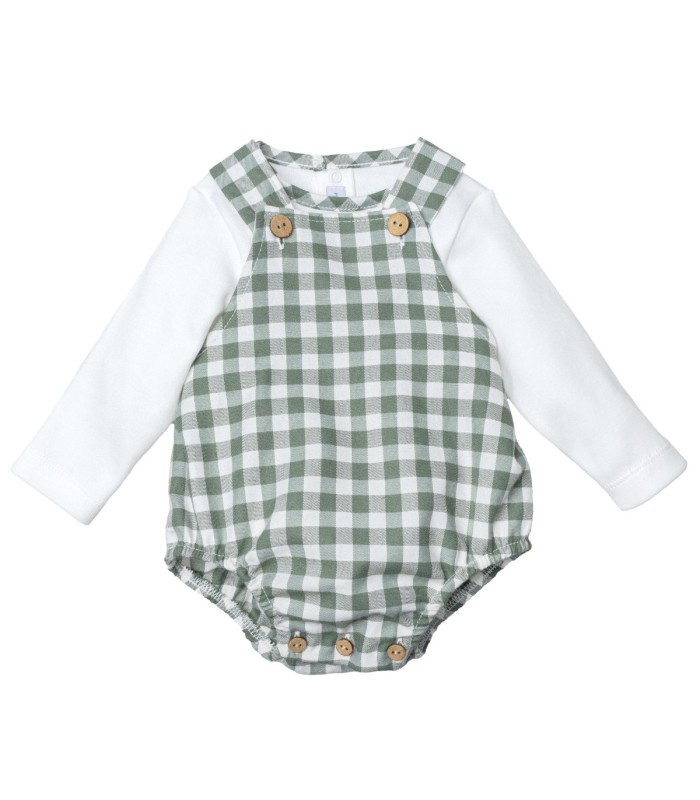 Conjunto bebé verde Peto vichy tirantes botones madera camiseta algodón detalle clásico resistente en fondo blanco