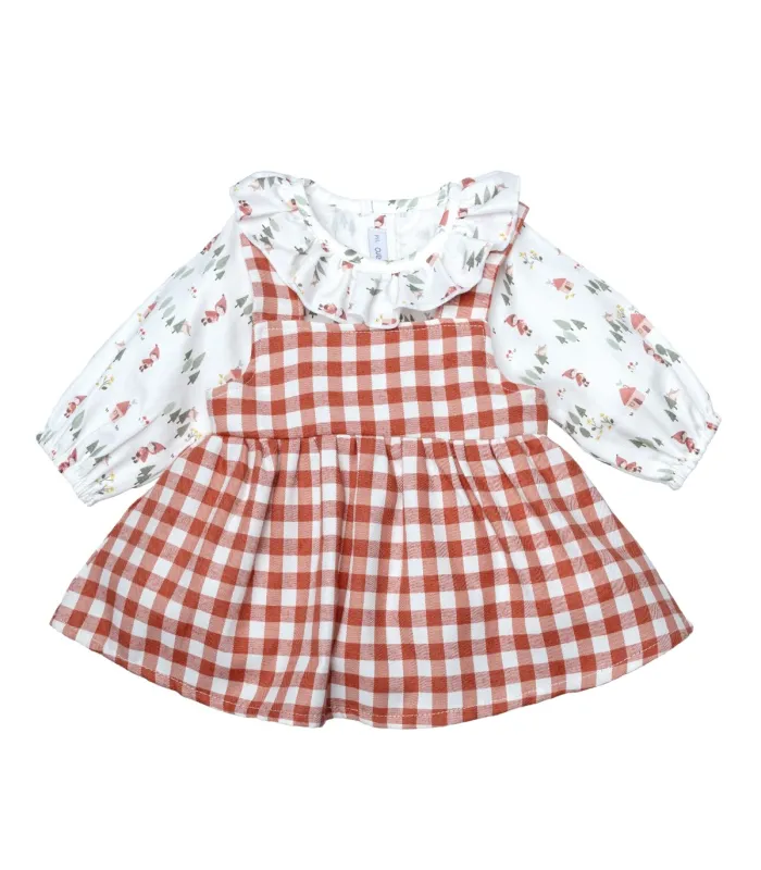 Jesusito bebé terracota vichy vestido vuelo blusa algodón cuello volante pololo conjunto elegante en fondo blanco