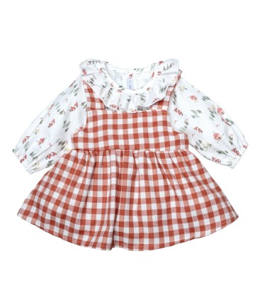 Jesusito bebé terracota vichy vestido vuelo blusa algodón cuello volante pololo conjunto elegante en fondo blanco