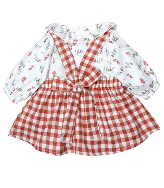 Parte Trasera del Jesusito bebé terracota vichy vestido vuelo blusa algodón cuello volante pololo conjunto elegante