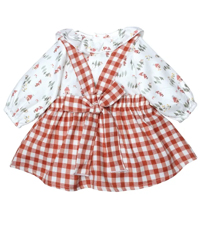 Parte Trasera del Jesusito bebé terracota vichy vestido vuelo blusa algodón cuello volante pololo conjunto elegante