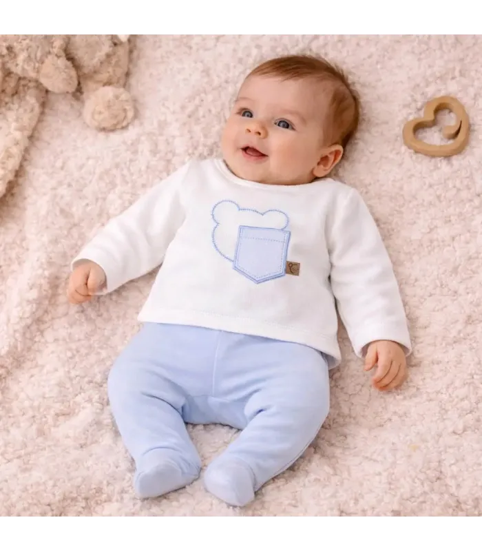 bebé con Conjunto Polaina bebé azul cielo algodón con cuello bordado detalle delicado primera puesta invierno
