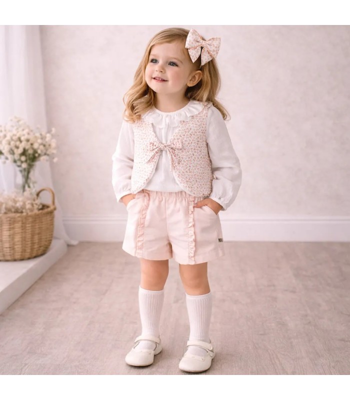 niña con Chaleco niña nude empolvado con microestampado algodón sin mangas lazada frontal detalle delicado