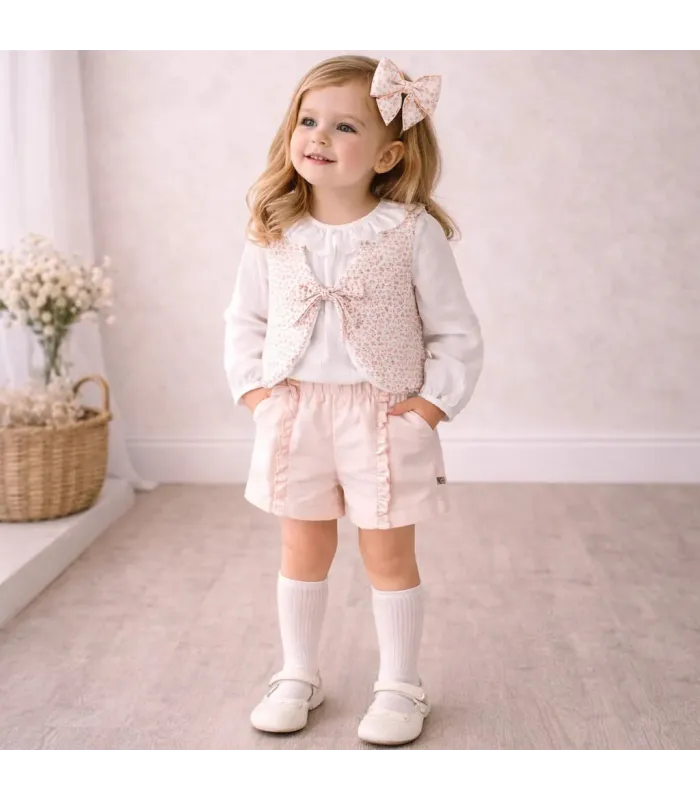 niña con Chaleco niña nude empolvado con microestampado algodón sin mangas lazada frontal detalle delicado