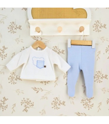 Conjunto Polaina bebé azul cielo algodón con cuello bordado detalle delicado primera puesta invierno