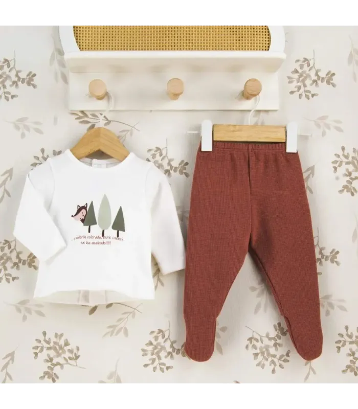 Conjunto bebé terracota algodón polaina punto canalé sudadera ilustración infantil estilo minimalista