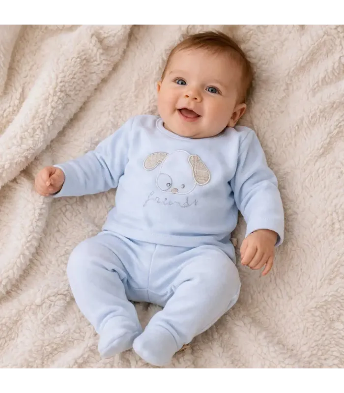 bebé con Conjunto Polaina bebé celeste algodón suave dibujo central invierno detalle tejido