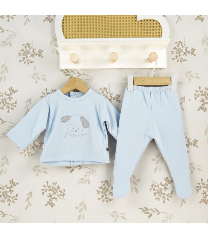 Conjunto Polaina bebé celeste algodón suave dibujo central invierno detalle tejido