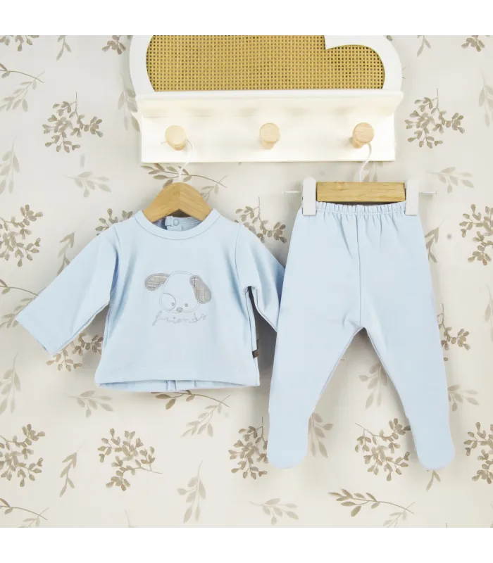 Conjunto Polaina bebé celeste algodón suave dibujo central invierno detalle tejido
