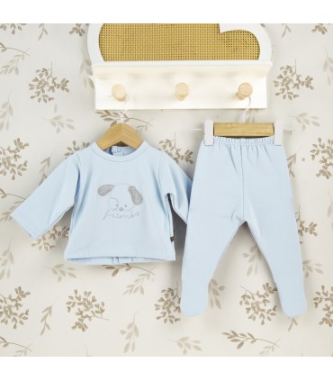 Conjunto Polaina bebé celeste algodón suave dibujo central invierno detalle tejido