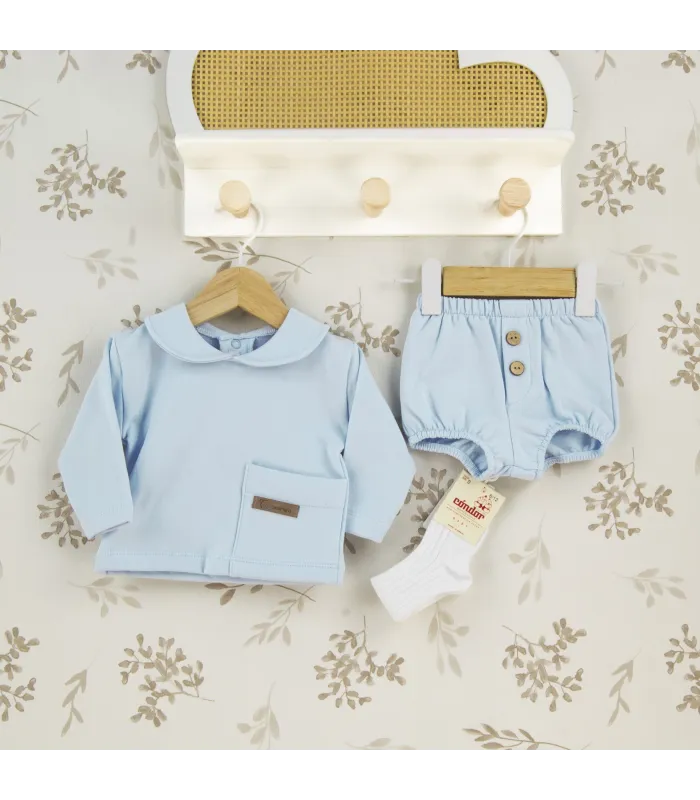 Conjunto Pololo bebé celeste algodón suave cuello bebé bolsillo delantero invierno detalle tejido