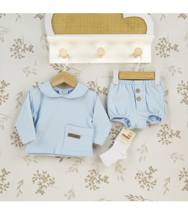 Conjunto Pololo bebé celeste algodón suave cuello bebé bolsillo delantero invierno detalle tejido
