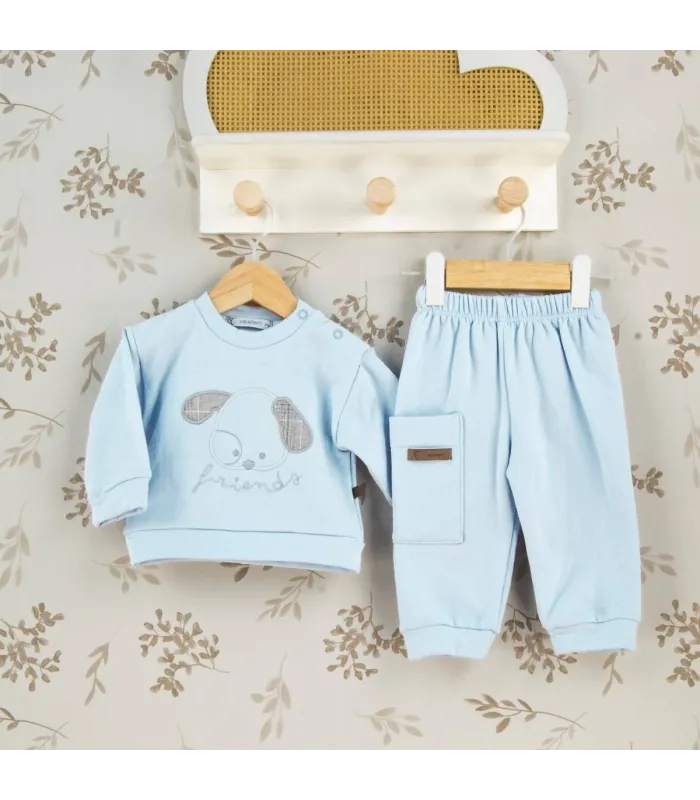 Conjunto Sport bebé celeste algodón suave sudadera dibujo central bolsillo pantalón invierno detalle tejido
