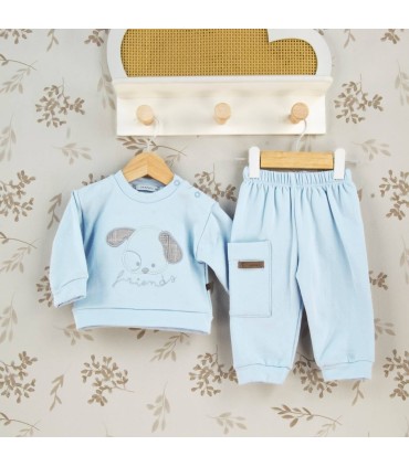 Conjunto Sport bebé celeste algodón suave sudadera dibujo central bolsillo pantalón invierno detalle tejido