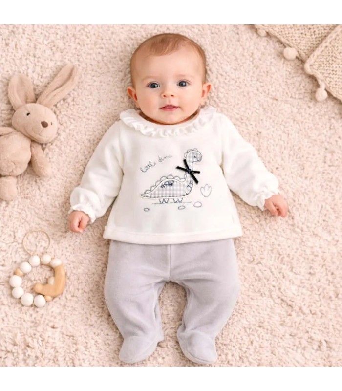 bebé con Conjunto Polaina bebé gris dibujo dinosaurio infantil textura suave invierno