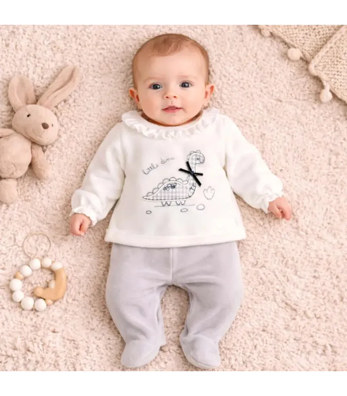 bebé con Conjunto Polaina bebé gris dibujo dinosaurio infantil textura suave invierno