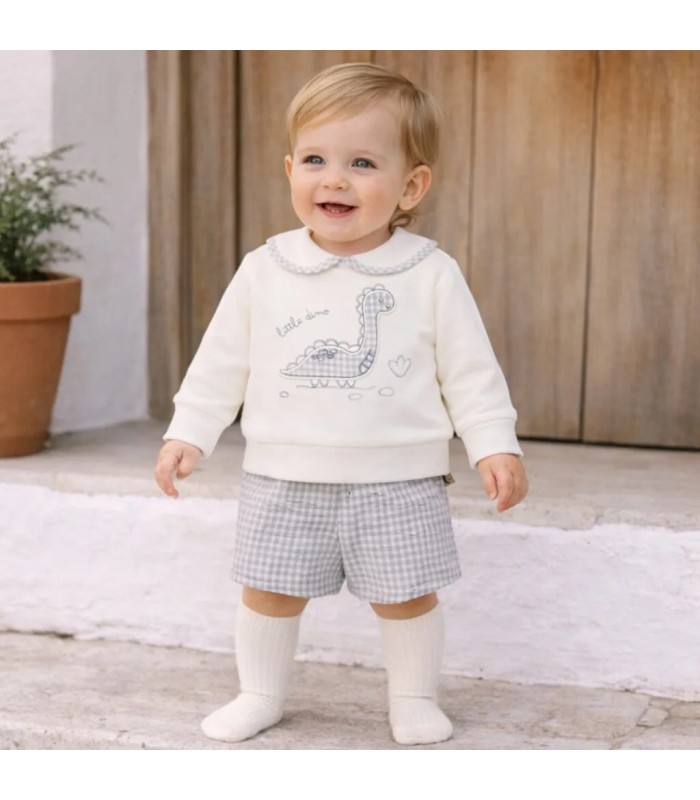 bebé Conjunto pololo bebé gris vichy algodón elastano cuello bebé bordado textura suave