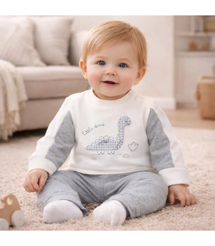 bebé con Conjunto sport niño gris algodón elastano sudadera volante diseño dinosaurio pantalón textura suave