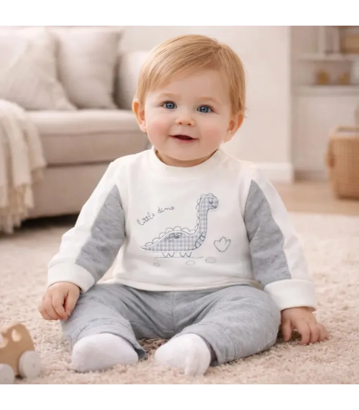 bebé con Conjunto sport niño gris algodón elastano sudadera volante diseño dinosaurio pantalón textura suave