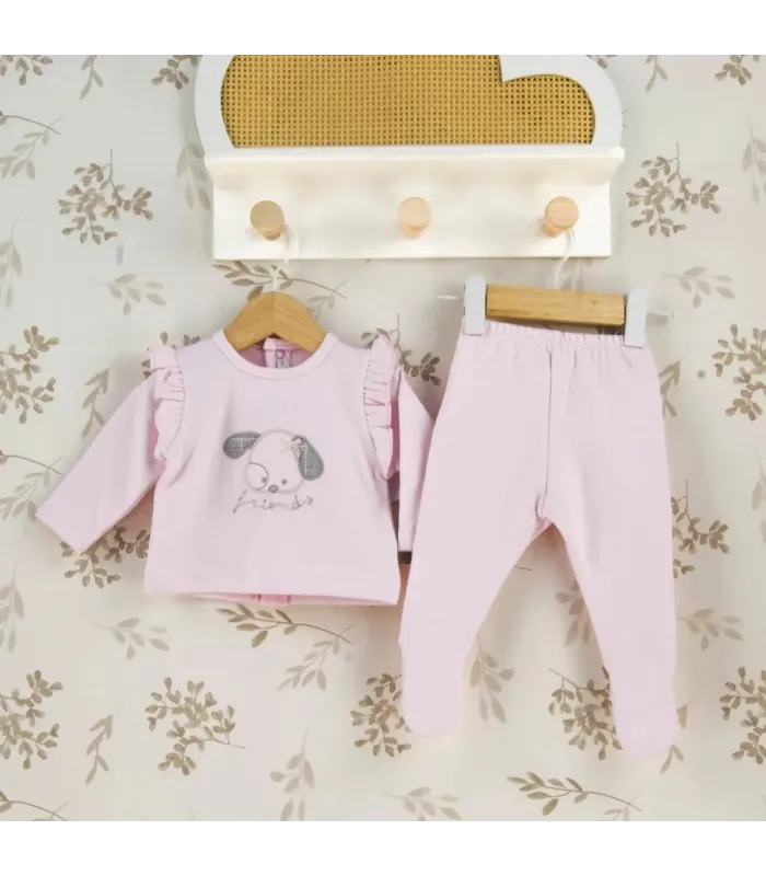 Conjunto Polaina bebé rosa algodón elástico suave dibujo central invierno detalle tejido