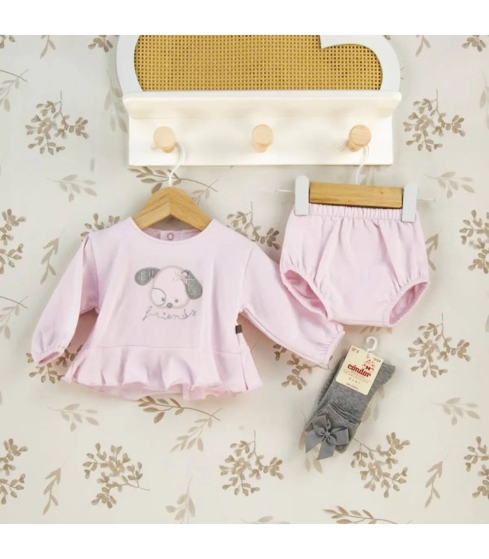 Conjunto Pololo bebé rosa algodón suave volante dibujo central invierno detalle tejido