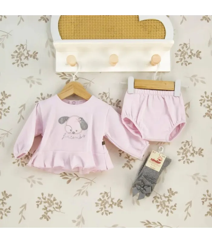 Conjunto Pololo bebé rosa algodón suave volante dibujo central invierno detalle tejido