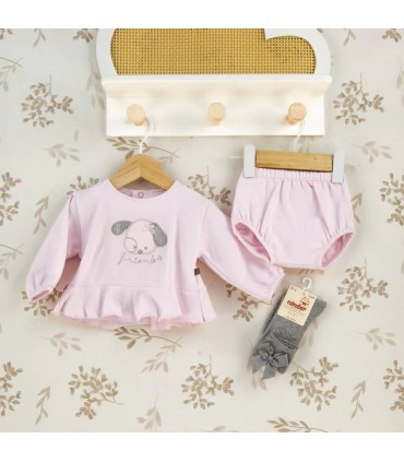 Conjunto Pololo bebé rosa algodón suave volante dibujo central invierno detalle tejido