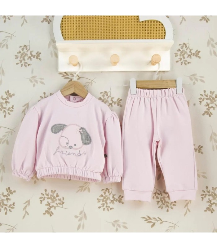Conjunto Sport bebé rosa algodón suave sudadera dibujo central pantalón elástico invierno detalle tejido