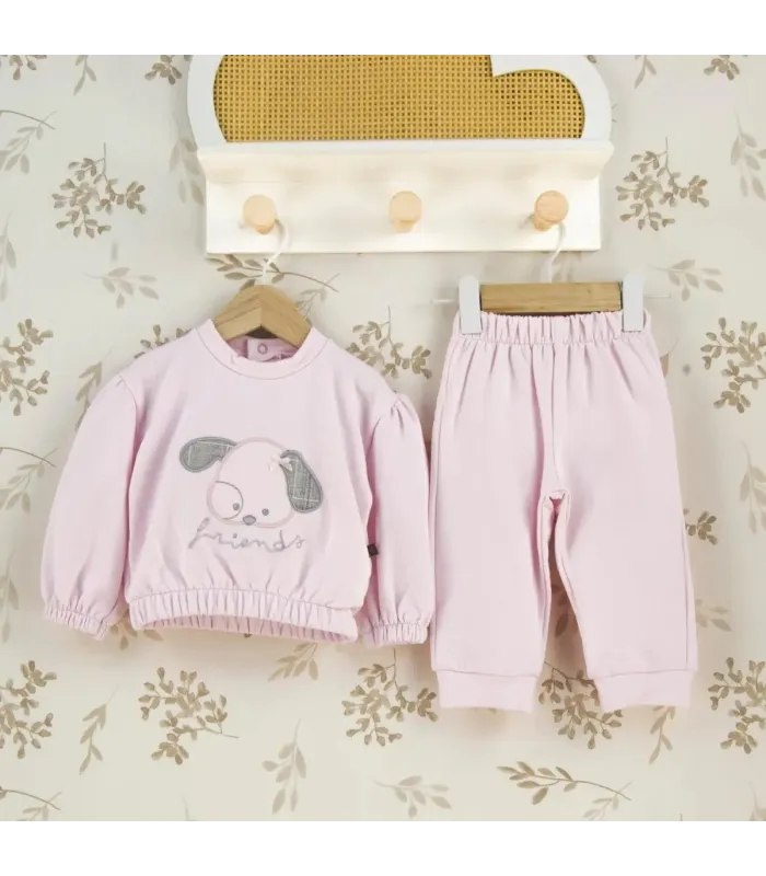 Conjunto Sport bebé rosa algodón suave sudadera dibujo central pantalón elástico invierno detalle tejido
