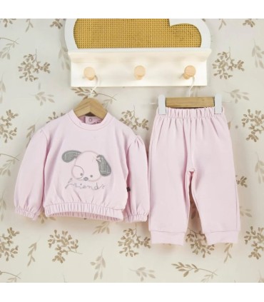 Conjunto Sport bebé rosa algodón suave sudadera dibujo central pantalón elástico invierno detalle tejido
