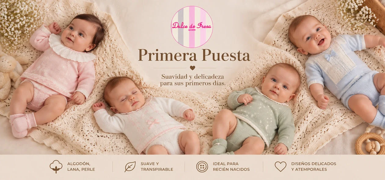 Primera puesta Dulce de Fresa para recién nacido en algodón, perlé y lana