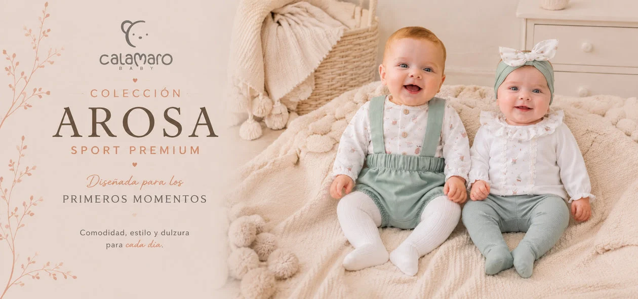 Colección Arosa de Calamaro para bebé y niño en tonos verde mint y arena