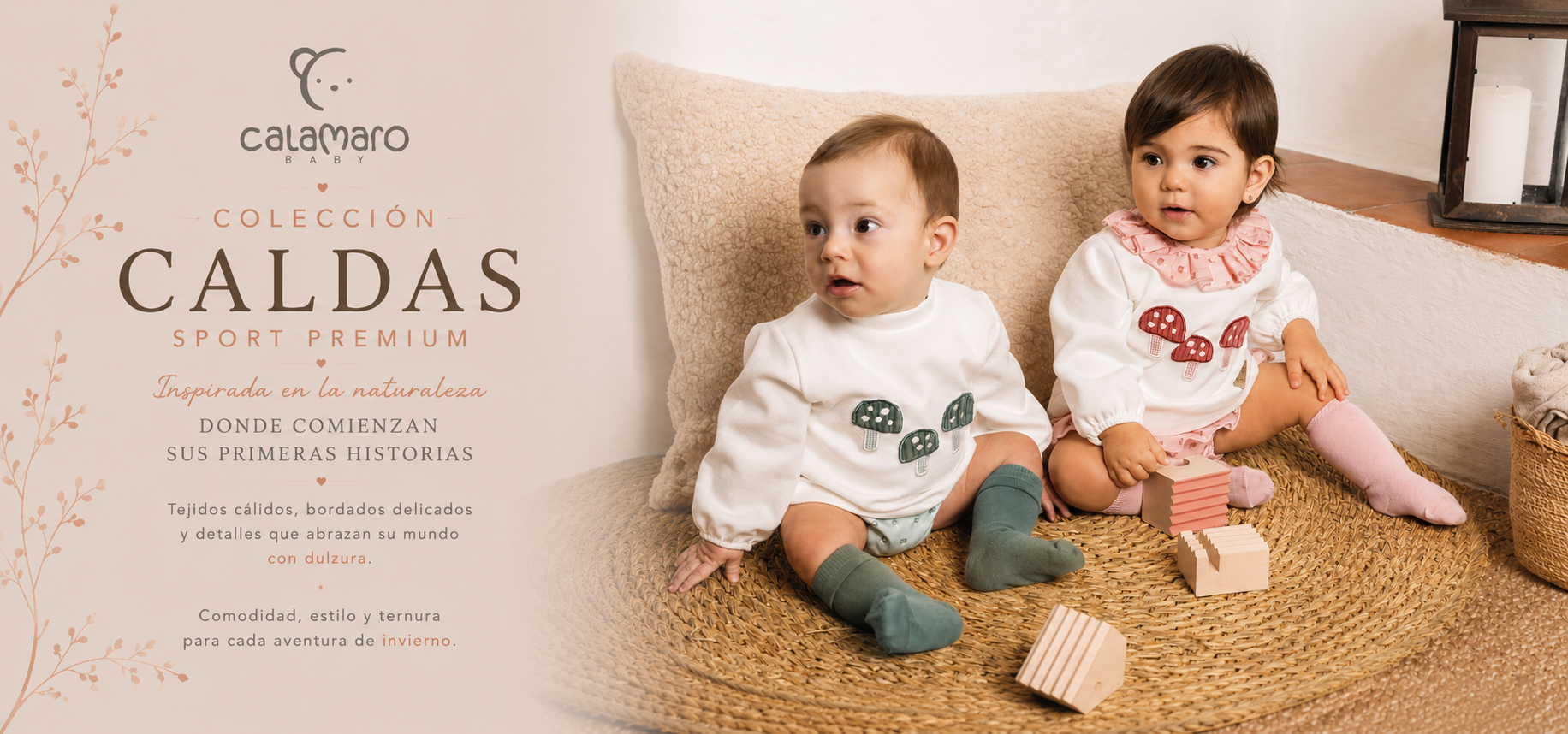 Colección Caldas de Calamaro para bebé y niño con pana de canutillo y bordados de setas