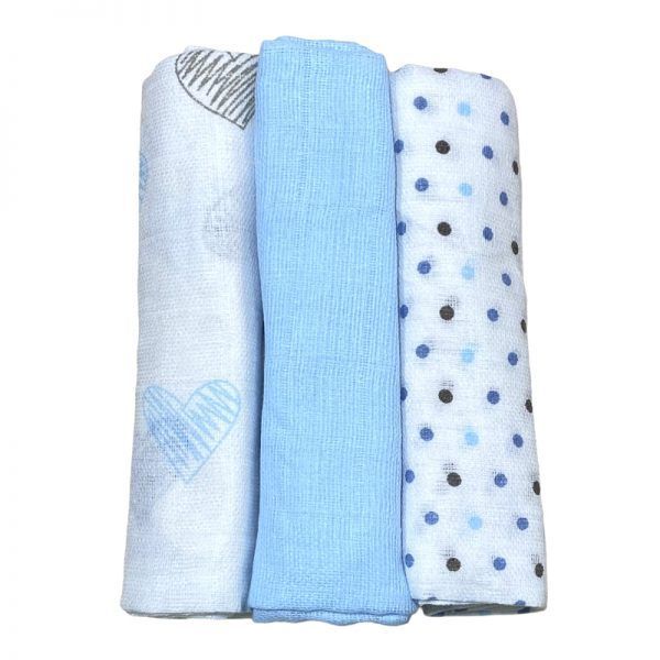 Muselinas Pack de 3 unidades Corazones Azul1