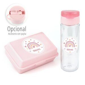 Pack Botella + Cajita Porta Alimentos Arcoiris Rosa personalizada