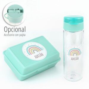 Pack Botella + Cajita Porta Alimentos Arcoíris Menta personalizadas