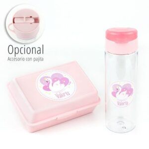 Pack Botella + Cajita Porta Alimentos Cisne Rosa personalizadas