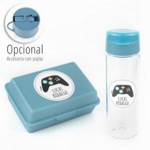 Pack Botella + Cajita Porta Alimentos Consola Azul personalizadas
