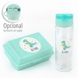 Pack Botella + Cajita Porta Alimentos Dinosaurio Menta personalizadas