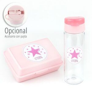 Pack Botella + Cajita Porta Alimentos Estrella Rosa personalizadas