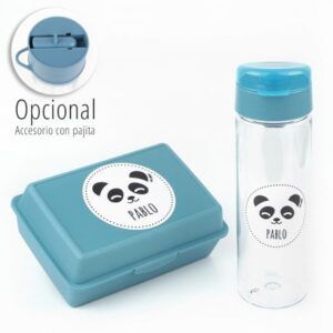 Pack Botella + Cajita Porta Alimentos Panda Azul personalizadas