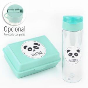 Pack Botella + Cajita Porta Alimentos Panda Menta personalizadas