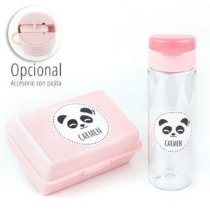Pack Botella + Cajita Porta Alimentos Panda Rosa personalizadas