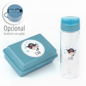 Pack Botella + Cajita Porta Alimentos Pirata Azul personalizadas