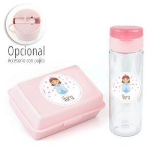 Pack Botella + Cajita Porta Alimentos Princesa Rosa personalizada