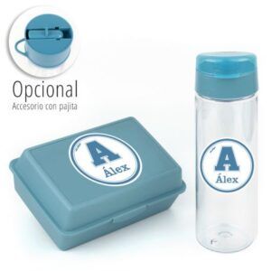 Pack Botella + Cajita Porta Alimentos School Azul personalizada