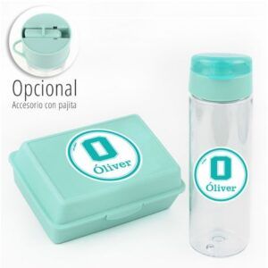 Pack Botella + Cajita Porta Alimentos School Menta personalizadas