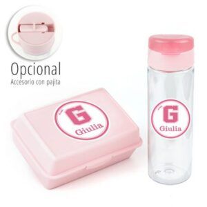 Pack Botella + Cajita Porta Alimentos School Rosa personalizada